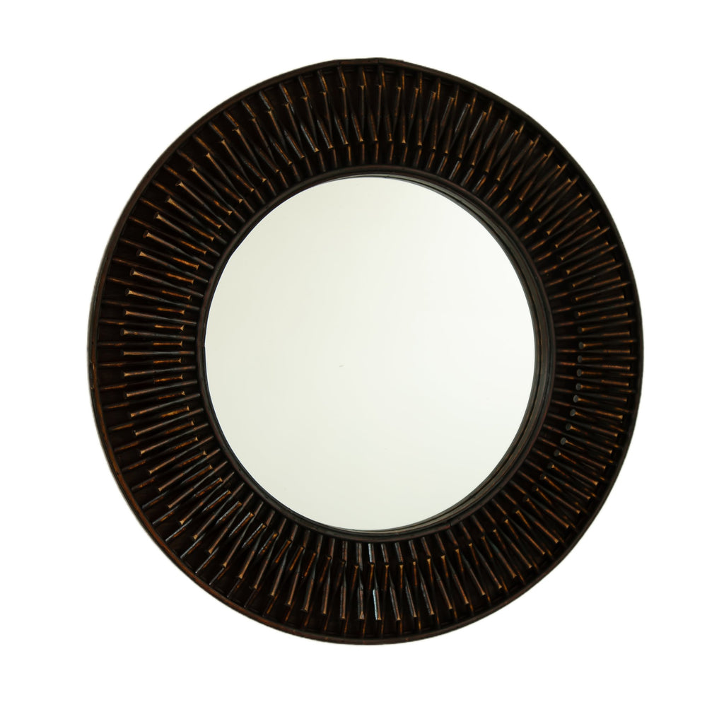 English Elm 24'' Aura Mirror Rustic Dark Bamboo Round Wall Mirror with Hand-Finished Log-Style Frame for Home Decor W2615P346487