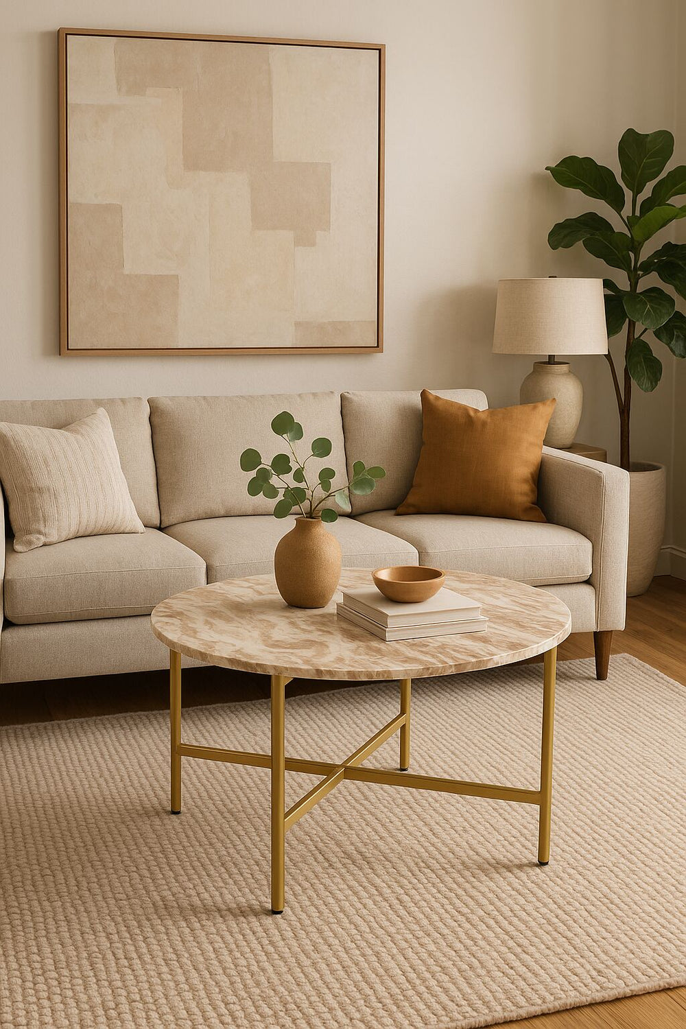 English Elm Brown Marble Nesting Coffee Table With Gold Metal Frame - Stylish, Space-Saving Design For Any Room B346P320750