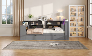 English Elm Wood Full Size Gaming Loft Bed with Integrated Desk, Shelves, LED Lighting & Hanging Clothes Rack Grey N7090001047E