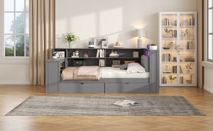 English Elm Wood Full Platform Bed with Led Headboard Built-in Desk Charging Station and Storage Shelves Grey N7090001047E-1