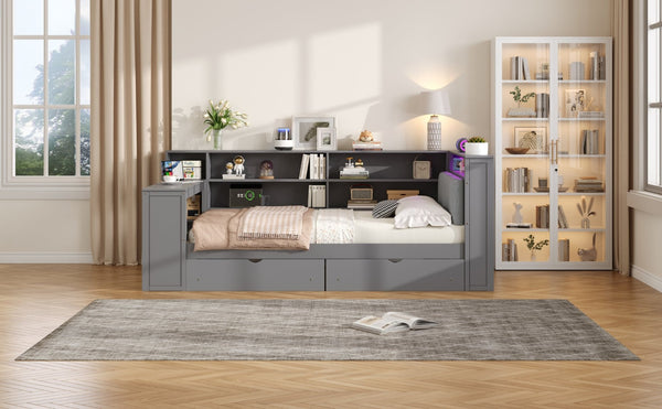English Elm Wood Full Platform Bed with Led Headboard Built-in Desk Charging Station and Storage Shelves Grey N7090001047E-1