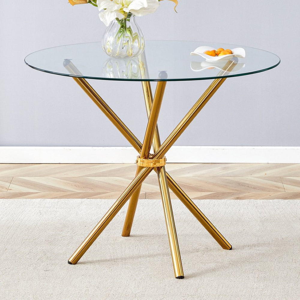English Elm A Round Tempered Glass Dining Table with Sculptural Black Metal Legs for Modern Spaces W1151P411358