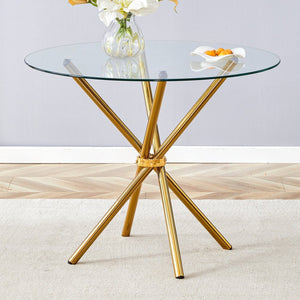English Elm A Round Tempered Glass Dining Table with Sculptural Black Metal Legs for Modern Spaces W1151P411358