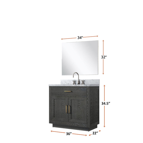 English Elm Black Oak Single Bath Vanity Set With Carrara Marble Top, Chrome Faucet, And Frameless Mirror 34" B2731S02208