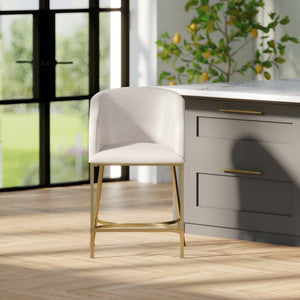English Elm 26" Glam Counter Stool White Faux Leather Barrel Back Gold Steel Frame Kitchen White Pu B2751P436480