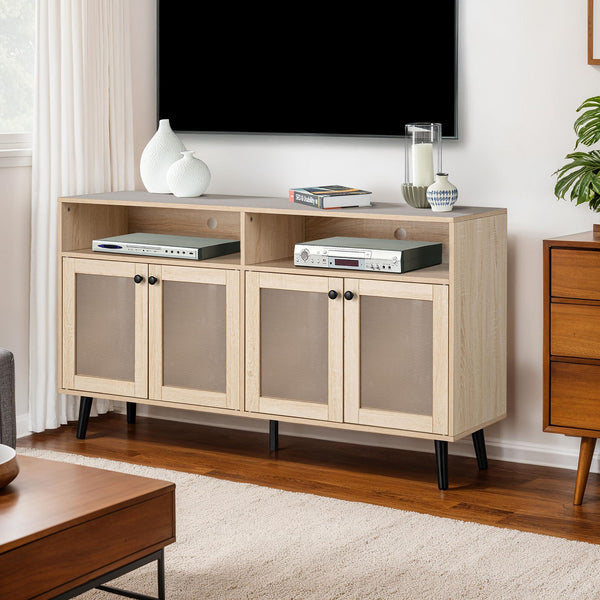 English Elm Mid-Century TV Stand with Gold-Capped Legs and Adjustable Shelves, Retro Modern 70" Media Console Natural 60 L x 19 W x 7 H B2741P398127