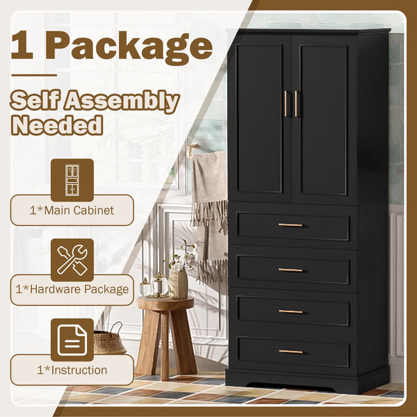 English Elm 72.2'' Tall Freestanding Bathroom Cabinet with 3 Drawers, Adjustable Shelf, Soft-Close Doors, Modern Elegant Design Black N729P296769B