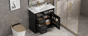 English Elm 36-Inch Modern Bathroom Vanity with Ceramic Basin, 4 Drawers & Soft-Close Door, Pre-Drilled Faucet Ready, Durable MDF and Solid Wood Construction (36"L x 18.3"W x 33.4"H) Black N725P296118B