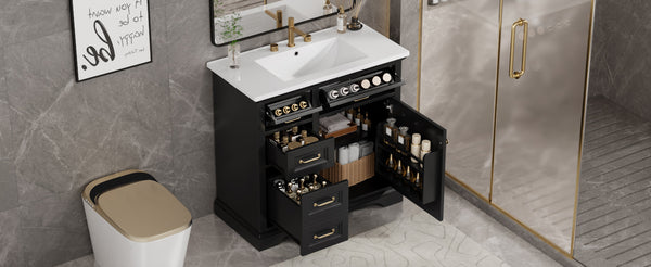 English Elm 36-Inch Modern Bathroom Vanity with Ceramic Basin, 4 Drawers & Soft-Close Door, Pre-Drilled Faucet Ready, Durable MDF and Solid Wood Construction (36"L x 18.3"W x 33.4"H) Black N725P296118B