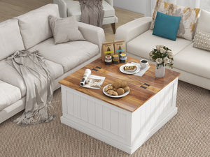 English Elm 31.5" Farmhouse Coffee Table with Hinged Lift Top, Rustic Square Wood Center Table w/Hidden Storage White W282P160415