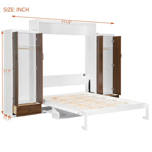 English Elm Full Size Murphy Wall Bed with Wardrobes Desk Drawers and Led Light in White LP000924AAK