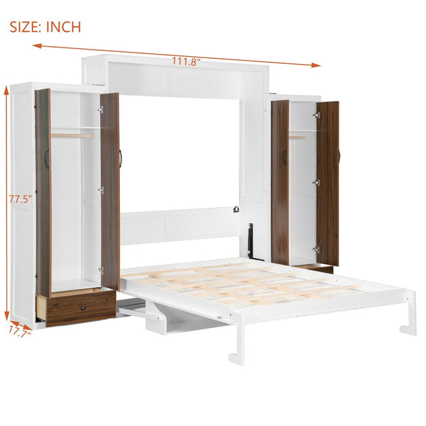 English Elm Full Size Murphy Wall Bed with Wardrobes Desk Drawers and Led Light in White LP000924AAK