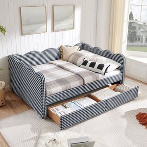 English Elm Full Size Gingham Linen Daybed with Wave Backrest Trundle and Usb Charging Port Navy Blue W1413S00148