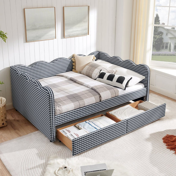 English Elm Full Size Gingham Linen Daybed with Wave Backrest Trundle and Usb Charging Port Navy Blue W1413S00148