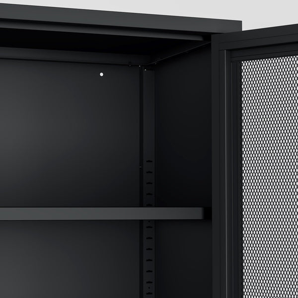 English Elm Amelia Metal Accent Cabinet 32" — Steel Mesh Doors, Adjustable Shelves, Minimalist Legs for Modern Storage Solutions Black B365P397890