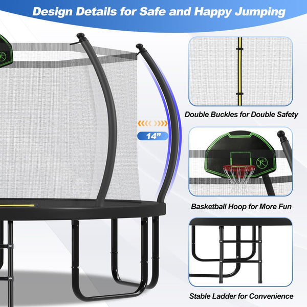 English Elm 12ft Round Outdoor Trampoline Galvanized Steel Frame Safety Net Basketball Hoop N739P283173B