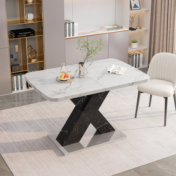 English Elm Modern Rectangle Dining Table - Stretchable White Marble Top With Black X-Leg Design For Stylish Dining W757P242764