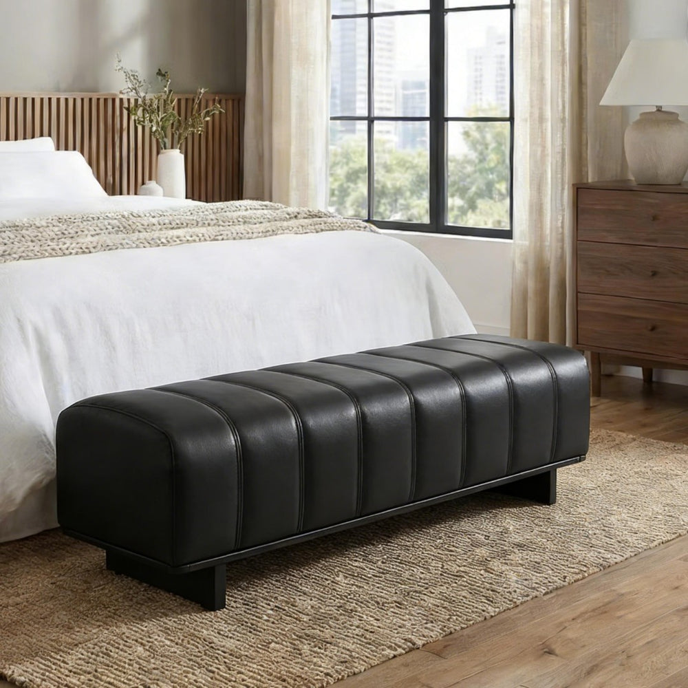 English Elm Indoor Channel Tufted Chenille Upholstered Bench Rubberwood Legs Entryway Dining Black N779P367309H