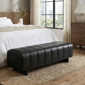 English Elm Indoor Channel Tufted Chenille Upholstered Bench Rubberwood Legs Entryway Dining Black N779P367309H