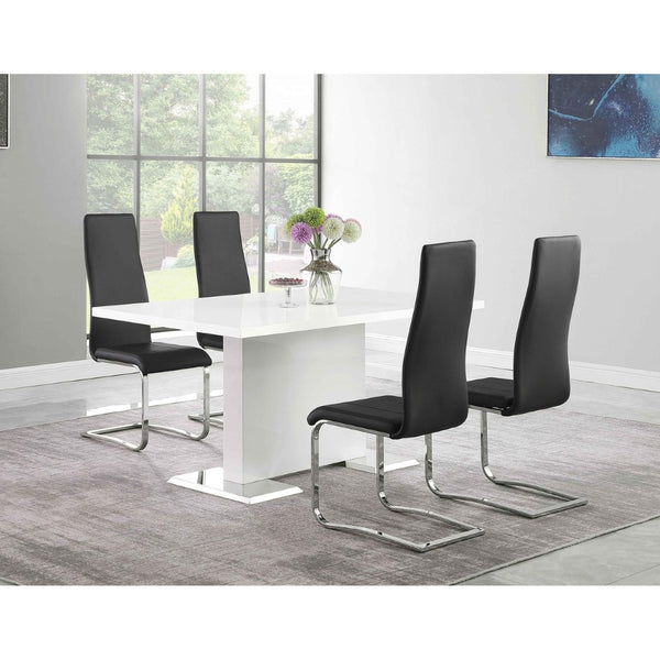 English Elm Wenzl Five Piece Dining Set Glossy White Table with Black Leatherette Chrome Chairs B062S01400