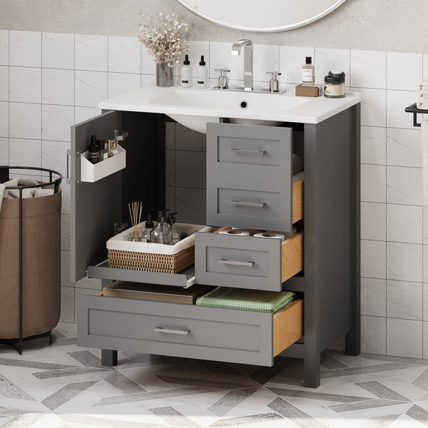 English Elm 30" Gray Bathroom Vanity with Ceramic Sink, Solid Wood Frame, Soft-Close Door & 3 Drawers for Organized Style N729P177787E