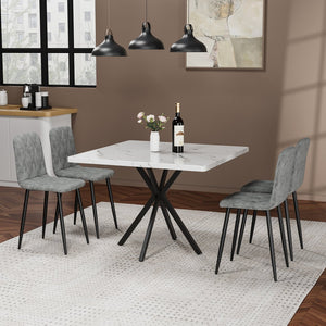 English Elm Square MDF Dining Set for 4 with Faux Marble Top, Mid-Century Modern Iron Legs, Easy-Clean Surface White+gray W578S00023