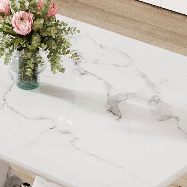 English Elm Table And Chair Set - Modern Marble Pattern Mdf Dining Table With 6 Dark Gray Pu Chairs, Ergonomic Comfort W1151S02186-GIGA