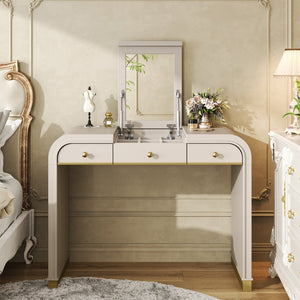 English Elm Classic Flip Top Vanity Desk with Gold Accents 2 Drawer Retro Bedroom Dressing Table Champagne N704P381406C