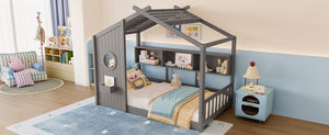 English Elm Twin House Floor Bed for Kids Montessori Playhouse with Roof, Built-In Shelf, Sturdy Pine Frame, Safeologna Gray 78.6 L x 16.6 W x 6.85 H N733P335064E