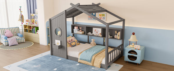 English Elm Twin House Floor Bed for Kids Montessori Playhouse with Roof, Built-In Shelf, Sturdy Pine Frame, Safeologna Gray 78.6 L x 16.6 W x 6.85 H N733P335064E
