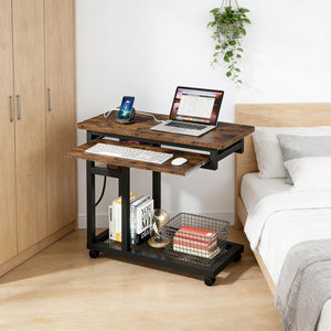English Elm Side Rolling C Table with Adjustable Height Keyboard Tray and Built in Charging Outlet T3971P448106