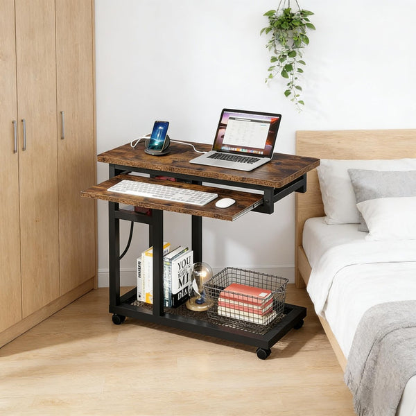 English Elm Side Rolling C Table with Adjustable Height Keyboard Tray and Built in Charging Outlet T3971P448106