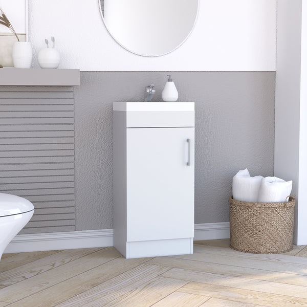 English Elm Madrid 16" Bathroom Vanity White with Resin Sink, Single Door Cabinet, Shelf & Metal Handle B070S00348
