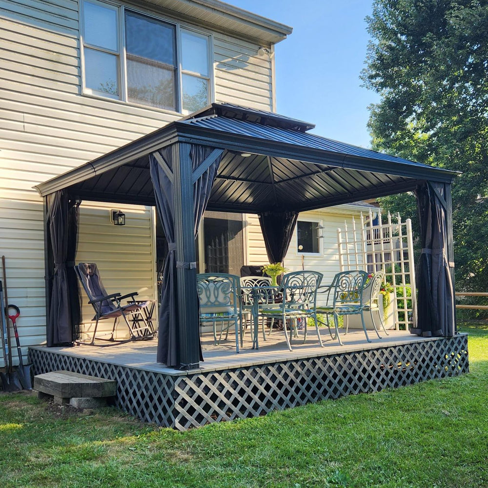 English Elm 12' Hardtop Gazebo with Built-In Drainage, Dual-Layer Galvanized Roof, Curtains & Mosquito Mesh Protection Grey W1859S00159