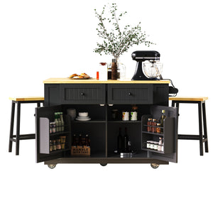 English Elm K&K 48in Kitchen Island Set with 2 Stools, Built-In Power Station, Drop Leaf & Ample Storage Space Black N707S000015B