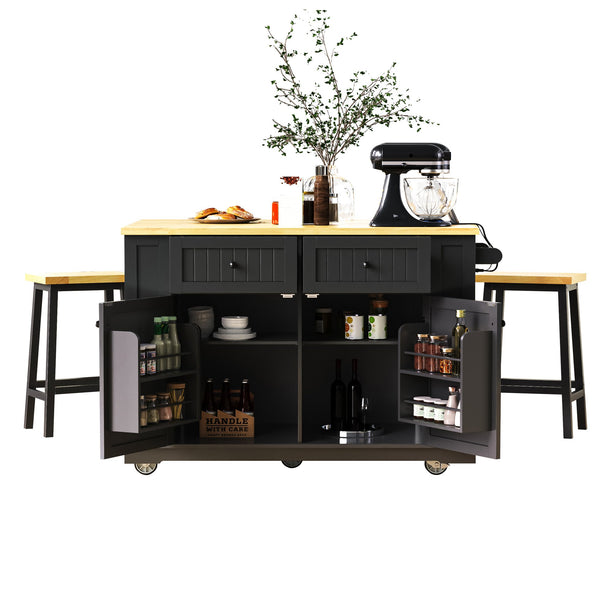 English Elm K&K 48in Kitchen Island Set with 2 Stools, Built-In Power Station, Drop Leaf & Ample Storage Space Black N707S000015B