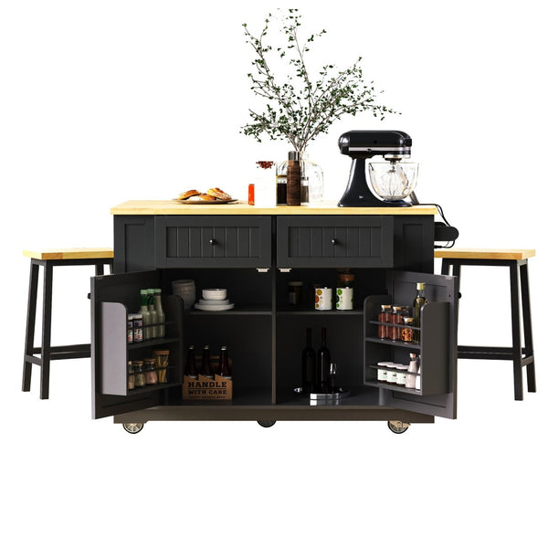English Elm 48inch Kitchen Island Set with Bar Stools Drop Leaf Built in Power Station Mdf Storage Black N707S003015B