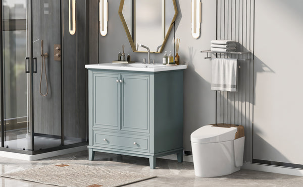 English Elm 30" Bathroom Vanity with Sink — Modern Freestanding 30" Cabinet with Ceramic Top, Drawer, Doors, Shelf Green N725P221263C