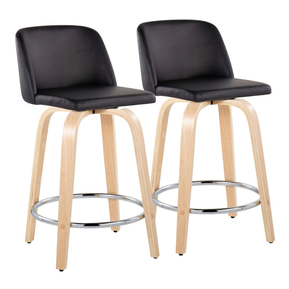 English Elm Toriano 24" Set Of 2 Modern Fixed-Height Counter Stools With Swivel, Black Faux Leather & Wood B202S00129-GIGA
