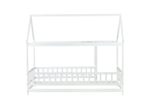 English Elm Twin Size House Floor Bed With Roof Frame & Safety Guardrails - Cozy Wooden Design For Kids' Rooms W504P286403-GIGA