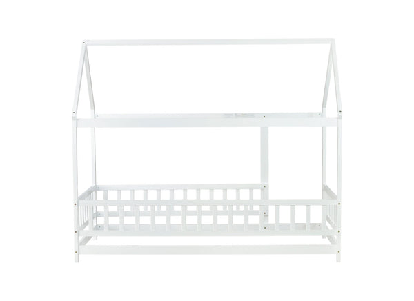 English Elm Twin Size House Floor Bed With Roof Frame & Safety Guardrails - Cozy Wooden Design For Kids' Rooms W504P286403-GIGA