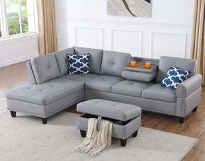 English Elm Irine Faux Leather Sectional Sofa with Ottoman, Storage Ottoman, Nailhead Trim, Cup Holders, Classic Comfort Gray B102S00069