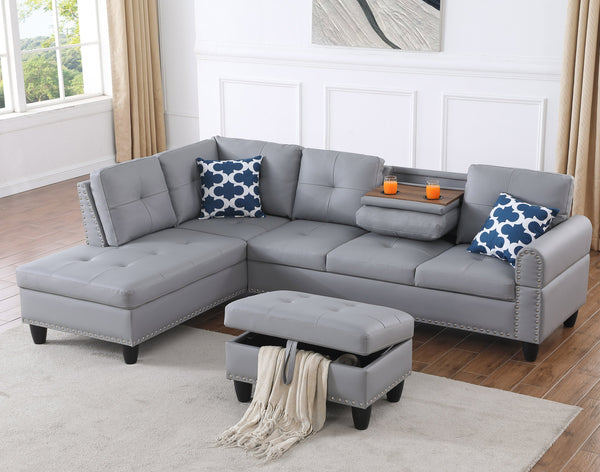 English Elm Irine Faux Leather Sectional Sofa with Ottoman, Storage Ottoman, Nailhead Trim, Cup Holders, Classic Comfort Gray B102S00069