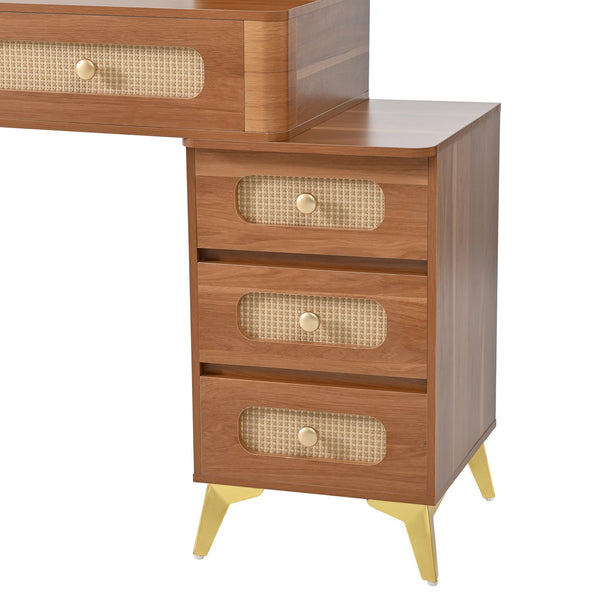 English Elm 47''Vintage Elegant Makeup Vanity with Lights and Mirror, 5-Drawer Rattan Design, Solid Wood Craftsmanship Walnut 46 L x 27 W x 8 H N733P337468M
