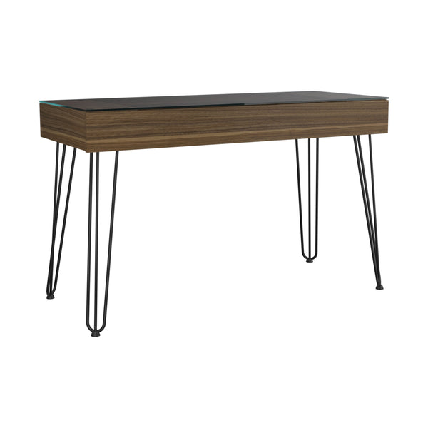 English Elm Kyoto Industrial 120 Writing Desk with Hairpin Metal Legs, Glass Top & Spacious Single Drawer, Brown B128S00166