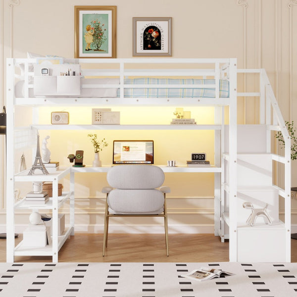 English Elm Full Size Steel Loft Bed with Staircase Storage Wardrobe Desk and Led Lighting White W2593S00059