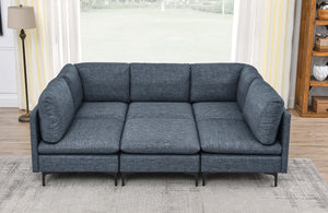 English Elm Linen Upholstered Modular Sectional Sofa with Tall Black Metal Legs for Living Room Dark Blue B2748S00125
