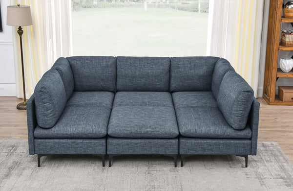 English Elm Linen Upholstered Modular Sectional Sofa with Tall Black Metal Legs for Living Room Dark Blue B2748S00125