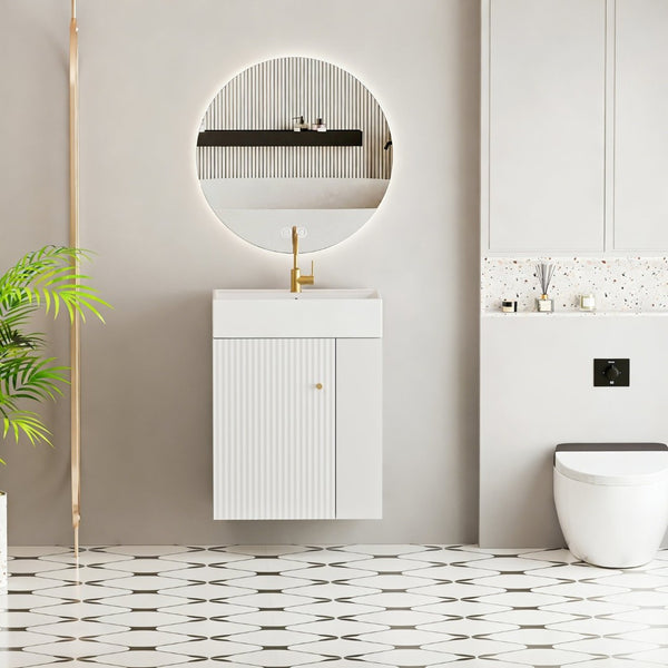 English Elm 21.6" Floating Bathroom Vanity Ceramic Sink Soft Close Door Brushed Copper Hardware White W1920S00196