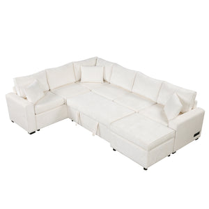 English Elm 112.2" Sectional Sofa Pull-Out Bed with Storage Ottoman, USB Charging, Pocket Spring Comfort, Tweed Chenille Upholstery Cream N719S001540A